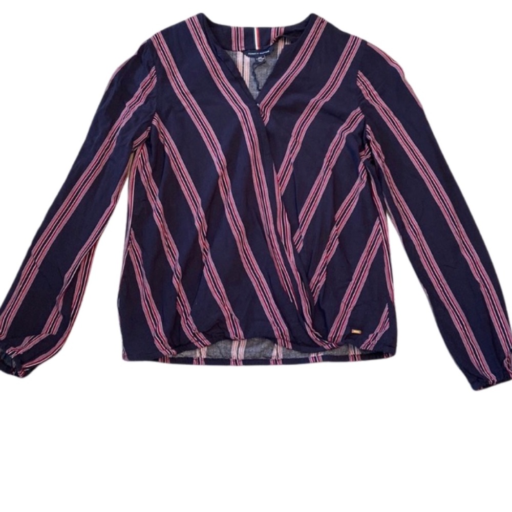Tommy Hilfiger navy blue with mauve and deep red stripes. Size: XXS